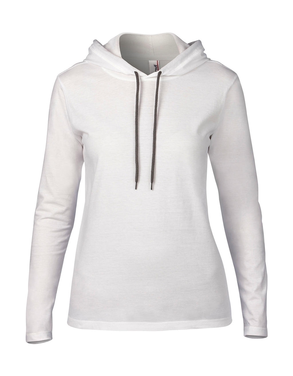 Women`s Fashion Basic LS Hooded Tee White/Dark Grey Blanc, à personnaliser avec le logo de votre club. Women`s Fashion Basic LS Hooded Tee White/Dark Grey Blanc