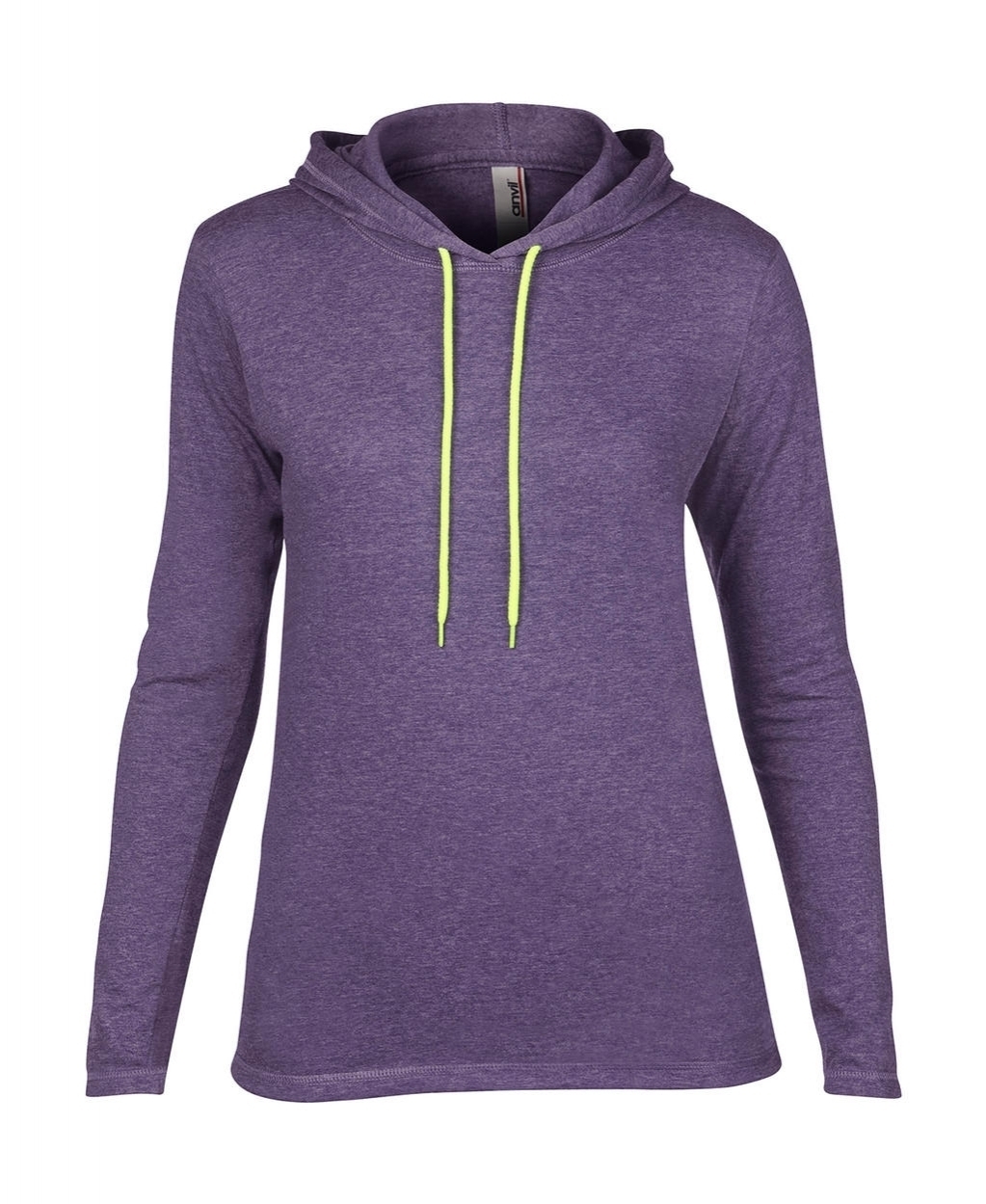 Women`s Fashion Basic LS Hooded Tee Heather Purple/Neon Yellow Rose, à personnaliser avec le logo de votre club. Women`s Fashion Basic LS Hooded Tee Heather Purple/Neon Yellow Rose