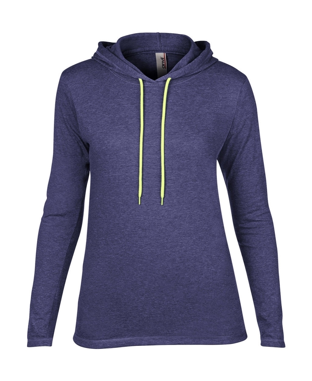 Women`s Fashion Basic LS Hooded Tee Heather Blue/Neon Yellow Bleu, à personnaliser avec le logo de votre club. Women`s Fashion Basic LS Hooded Tee Heather Blue/Neon Yellow Bleu