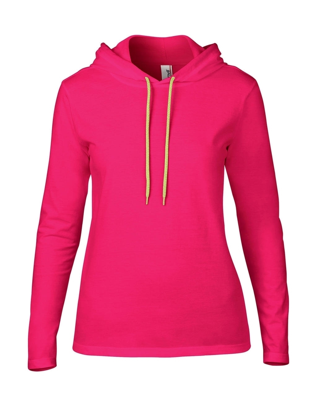 Women`s Fashion Basic LS Hooded Tee Hot Pink/Neon Yellow Rose, à personnaliser avec le logo de votre club. Women`s Fashion Basic LS Hooded Tee Hot Pink/Neon Yellow Rose