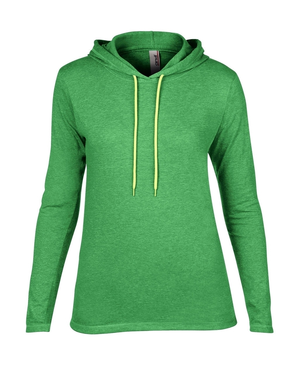 Women`s Fashion Basic LS Hooded Tee Heather Green/Neon Yellow Vert, à personnaliser avec le logo de votre club. Women`s Fashion Basic LS Hooded Tee Heather Green/Neon Yellow Vert