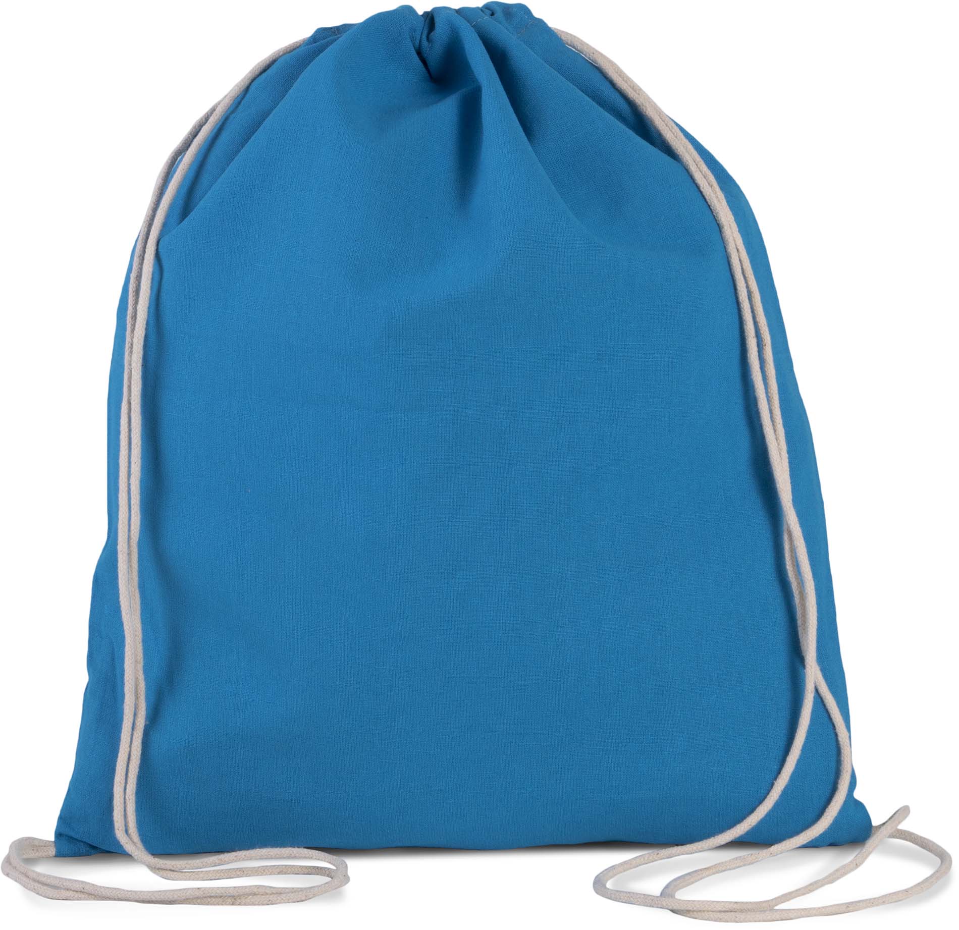 Petit sac ? dos en coton bio avec cordelettes bleu Tropical Blue, à personnaliser avec le logo de votre club. Petit sac ? dos en coton bio avec cordelettes bleu Tropical Blue