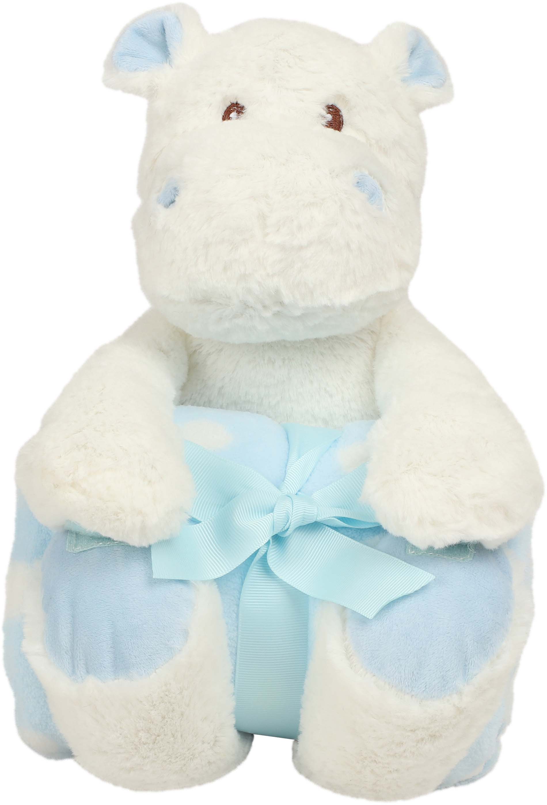 Peluche hippopotame avec couverture Blanc White / Blue, à personnaliser avec le logo de votre club. Peluche hippopotame avec couverture Blanc White / Blue
