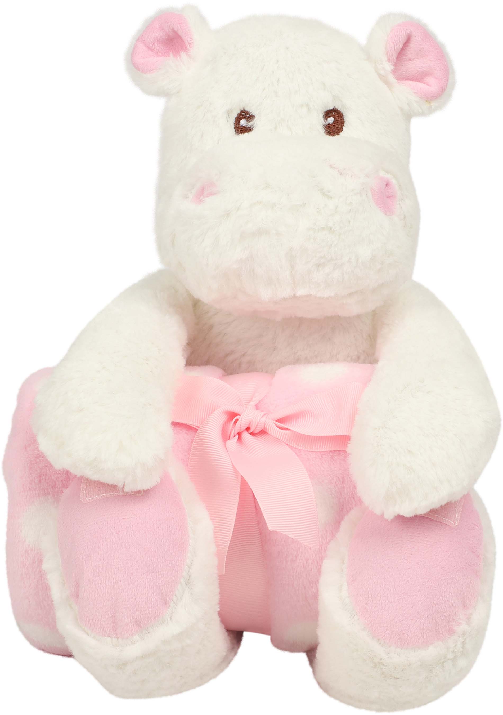 Peluche hippopotame avec couverture Blanc White / Pink, à personnaliser avec le logo de votre club. Peluche hippopotame avec couverture Blanc White / Pink