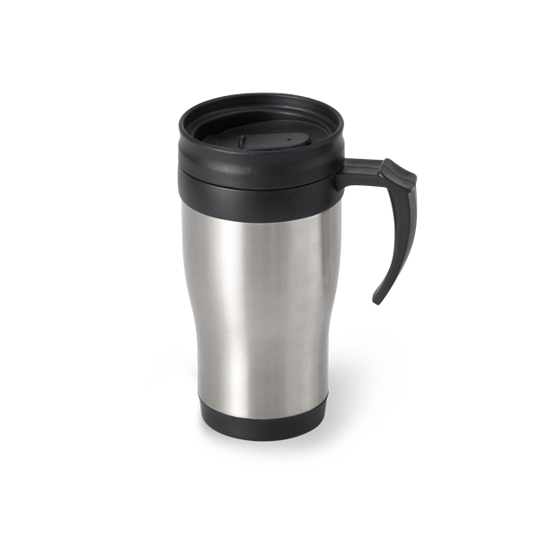 Mug de voyage. Argenté satiné Argent, à personnaliser avec le logo de votre club. Mug de voyage. Argenté satiné Argent