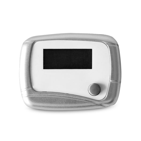 Podomètre. Argenté satiné Argent, à personnaliser avec le logo de votre club. Podomètre. Argenté satiné Argent