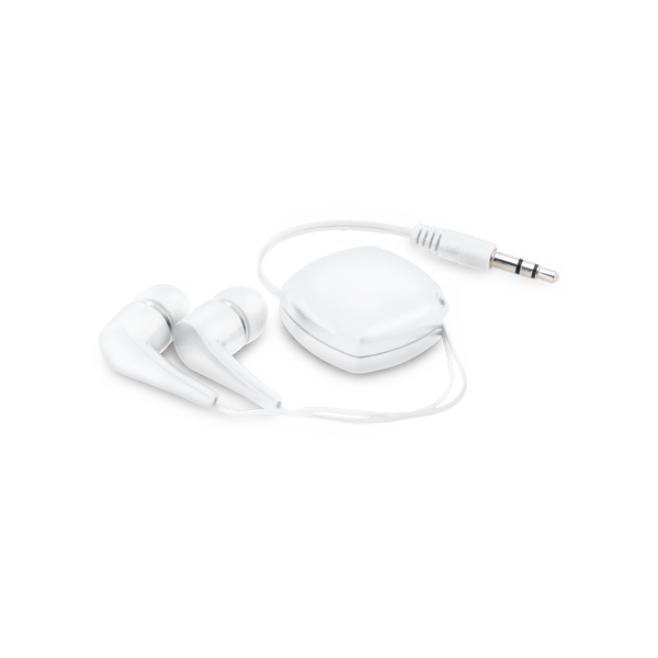 Écouteurs rétractables. Blanc Blanc, à personnaliser avec le logo de votre club. Écouteurs rétractables. Blanc Blanc