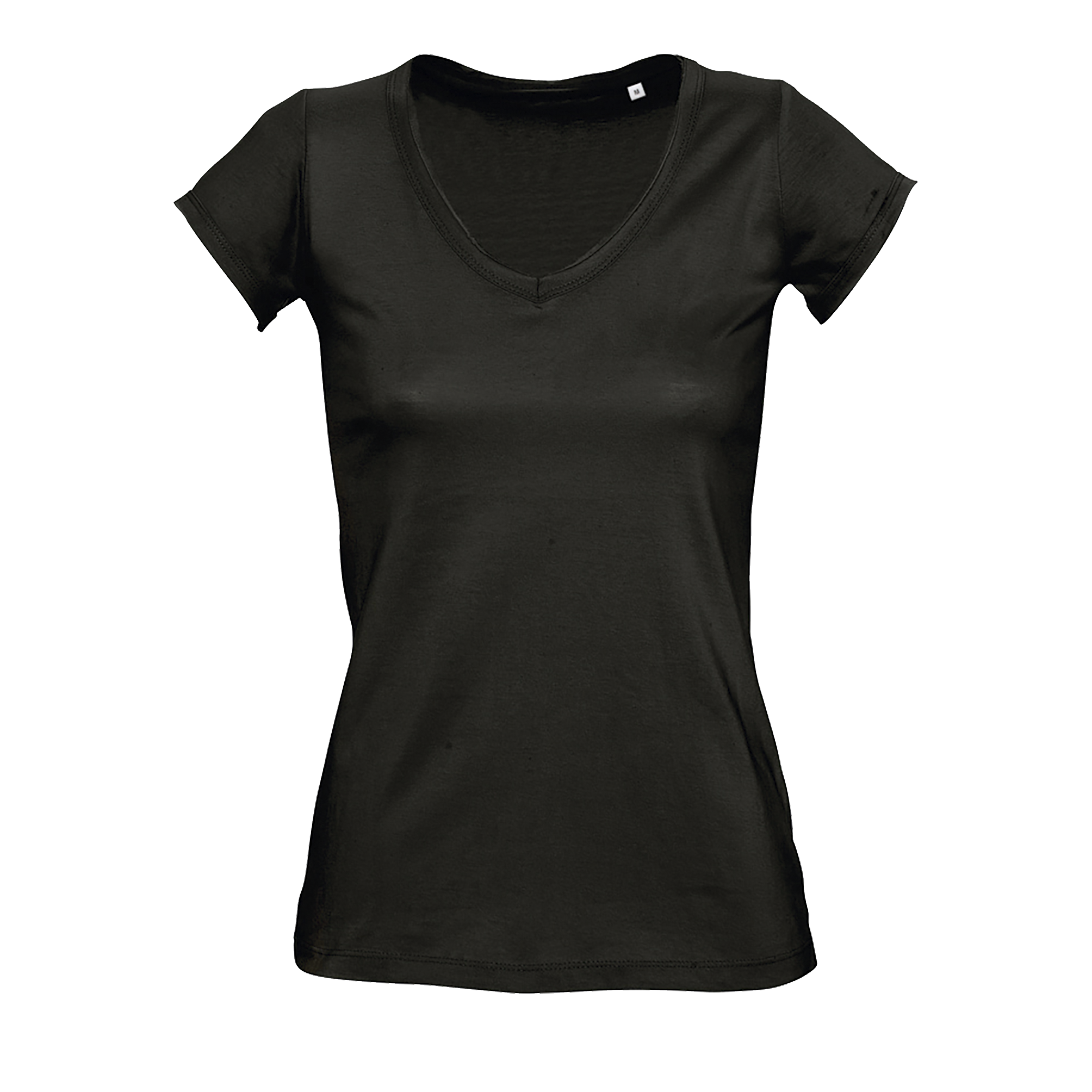 TEE-SHIRT FEMME COL “V’’ FINITIONS BORDS FRANCS ROULOTTÉS MILD Noir profond Noir , à personnaliser avec le logo de votre club. TEE-SHIRT FEMME COL “V’’ FINITIONS BORDS FRANCS ROULOTTÉS MILD Noir profond Noir