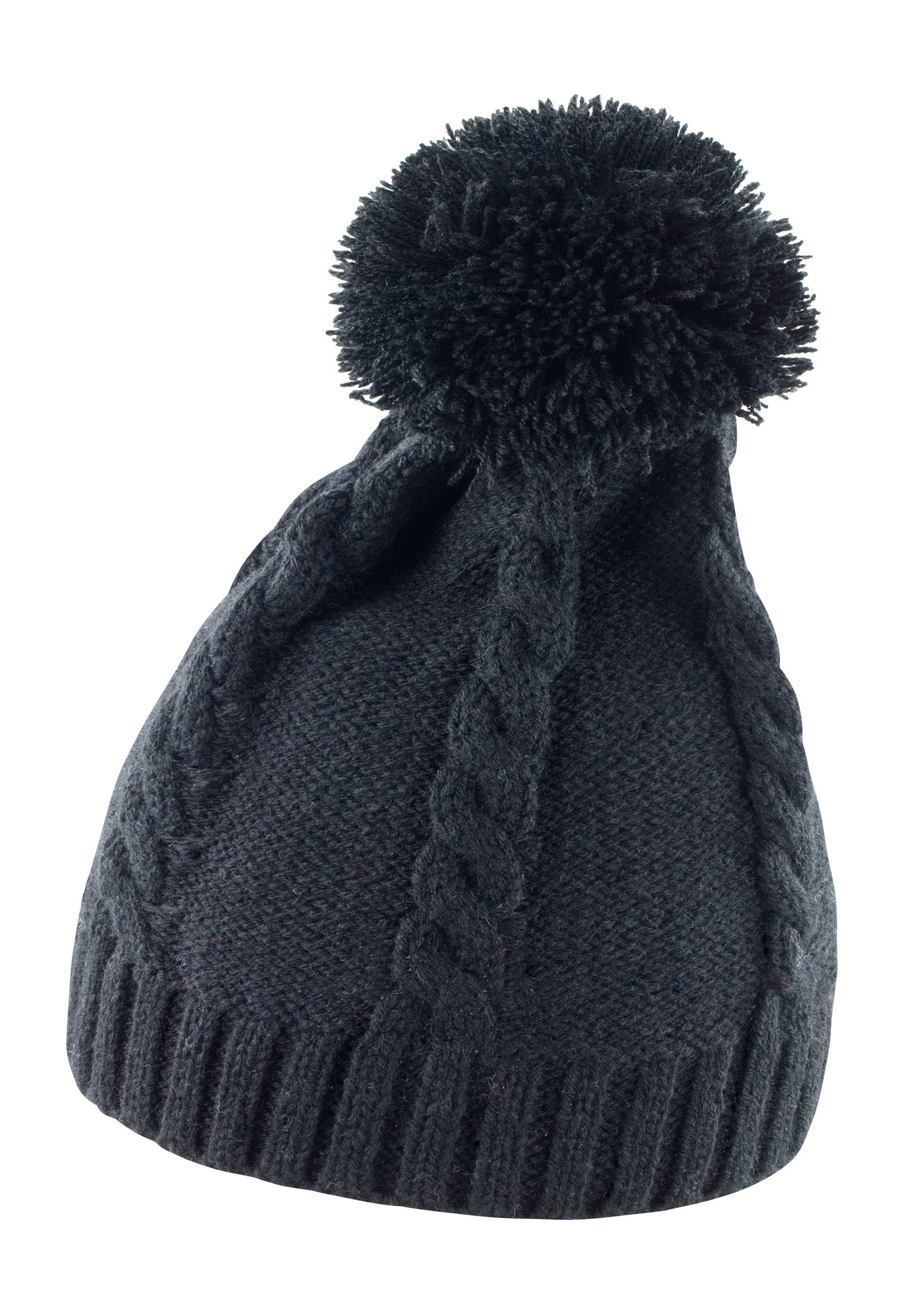 Cable Knit Pom Pom Beanie Black Noir, à personnaliser avec le logo de votre club. Cable Knit Pom Pom Beanie Black Noir