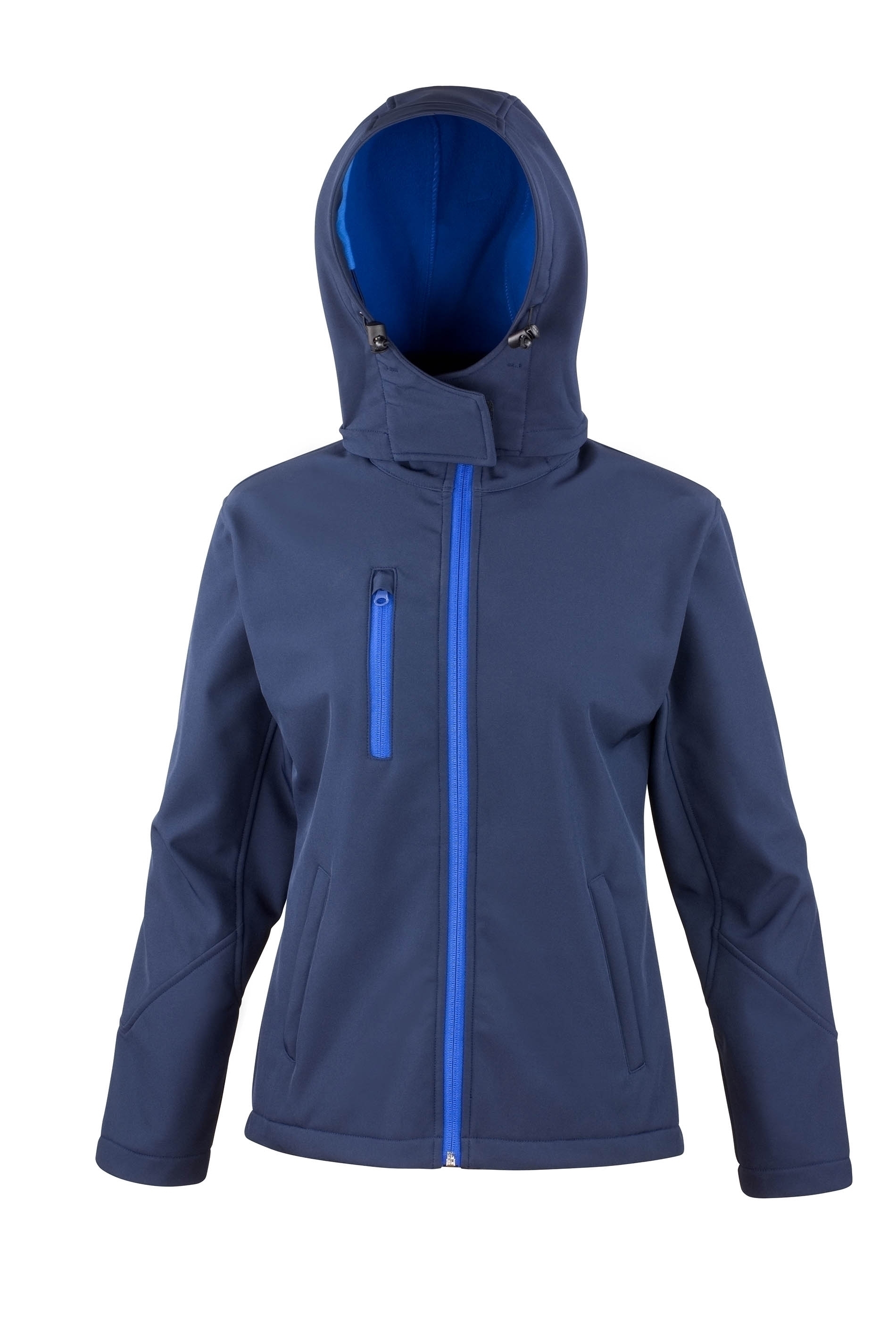 Veste Softshell Capuche Femme Navy / Royal Bleu, à personnaliser avec le logo de votre club. Veste Softshell Capuche Femme Navy / Royal Bleu