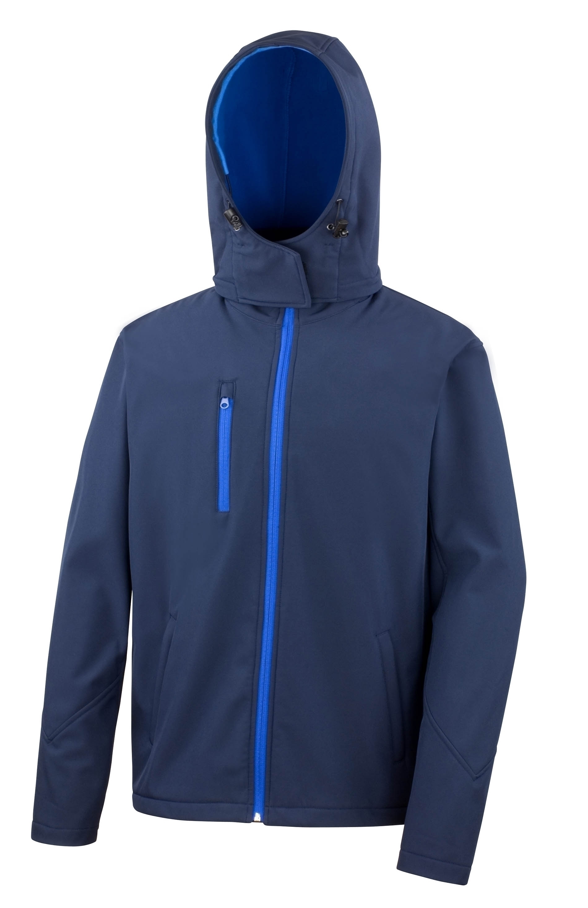 Veste Softshell Capuche Homme Navy / Royal Bleu, à personnaliser avec le logo de votre club. Veste Softshell Capuche Homme Navy / Royal Bleu