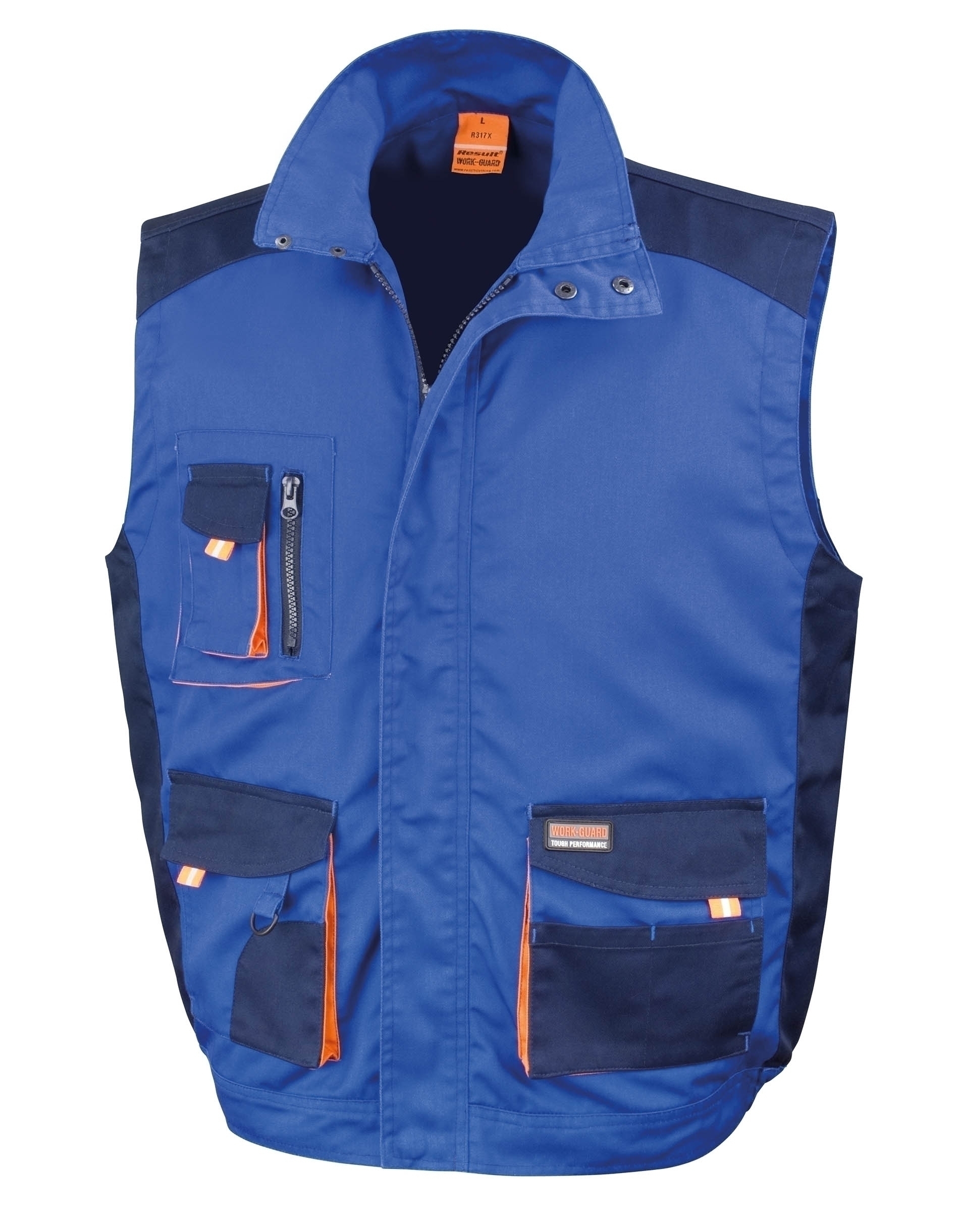 Gilet multipoches Lite Royal / Navy / Orange Bleu, à personnaliser avec le logo de votre club. Gilet multipoches Lite Royal / Navy / Orange Bleu