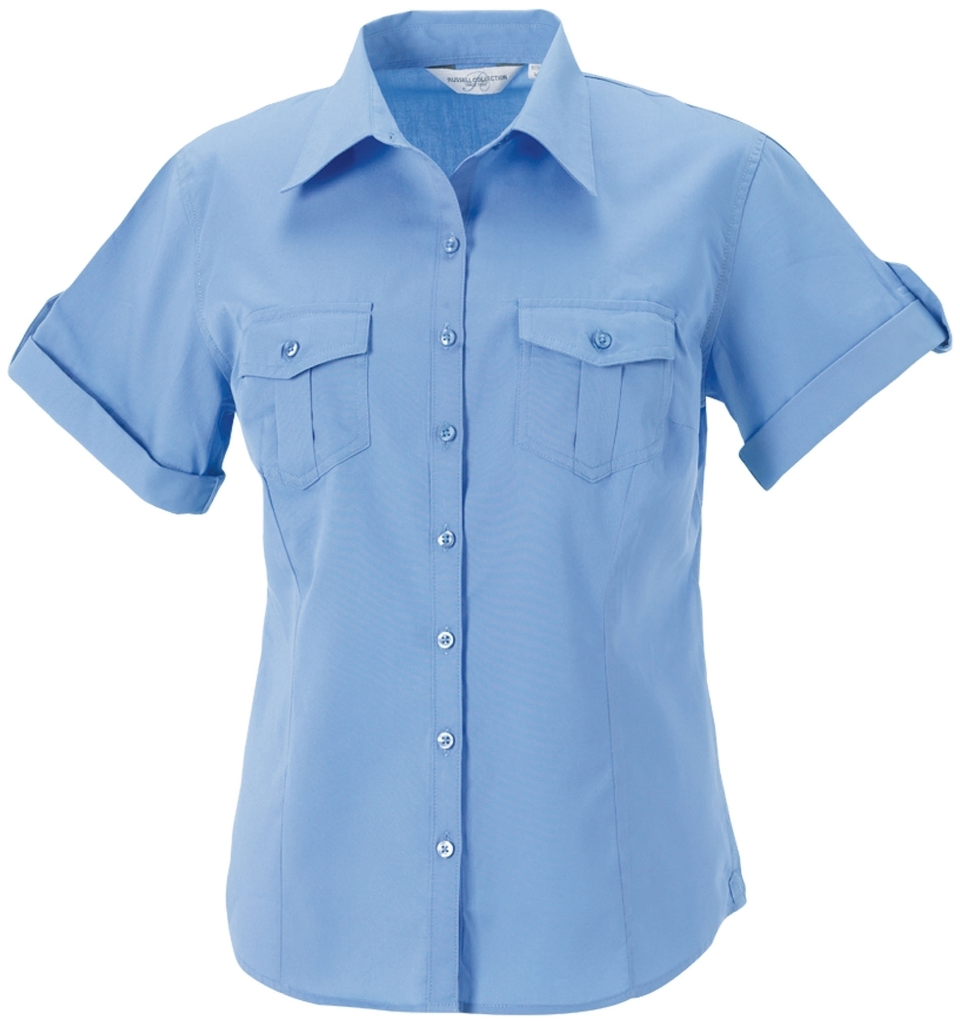 CHEMISE FEMME MANCHES COURTES TWILL ROLL-UP Blue Bleu, à personnaliser avec le logo de votre club. CHEMISE FEMME MANCHES COURTES TWILL ROLL-UP Blue Bleu